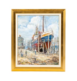 "THERESA R IN DRYDOCK GLOUCESTER, MASS" BY LESLIE COPE (1913-2002).