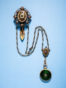 ORNATE CHATELAINE WITH GUILLOCHE LOCKET CHARM.
