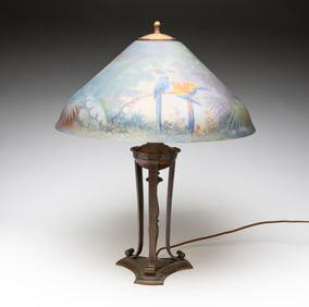 REVERSE PAINTED LAMP WITH PAIRPOINT BASE.