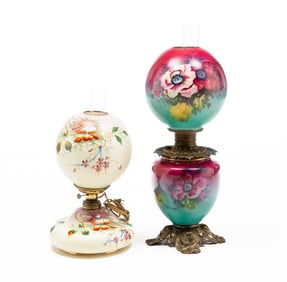 TWO VICTORIAN FLORAL ENAMEL GONE WITH THE WIND PARLOR LAMPS.