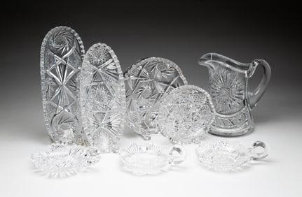 EIGHT PIECES OF BRILLIANT PERIOD CUT GLASS.