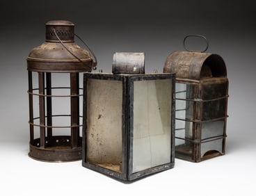 THREE TIN CANDLE LANTERNS.