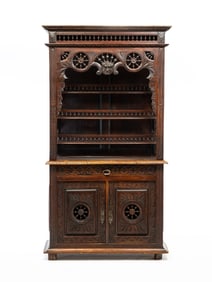 TWO PIECE OPEN COURT CUPBOARD.