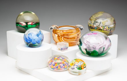 SEVEN PAPERWEIGHTS AND GROUP OF CANES.