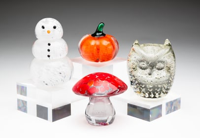FOUR FIGURAL ART GLASS PAPERWEIGHTS.