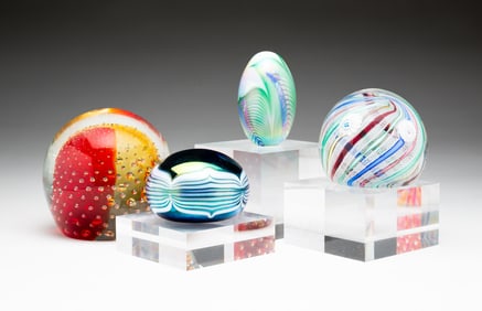 FOUR ART GLASS PAPERWEIGHTS INCLUDING MURANO.