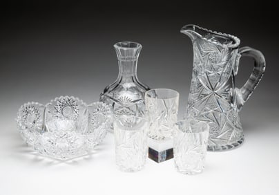 SIX PIECES OF BRILLIANT PERIOD CUT GLASS.