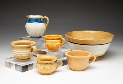 SIX YELLOW WARE PIECES.