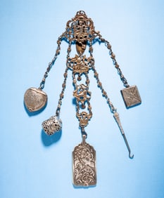 ORNATE SILVER CHATELAINE WITH IVORY NOTE CARDS.