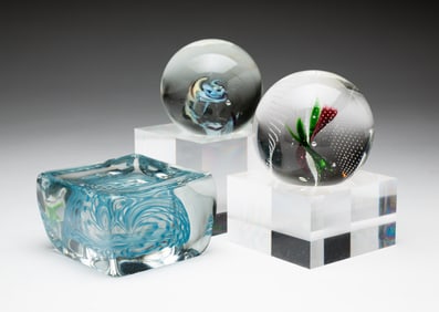THREE ART GLASS PAPERWEIGHTS.