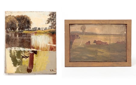DOUBLE LANDSCAPE AND CATTLE SCENE BY ROBERT BOLLING BRANDEGEE (1849 - 1922).
