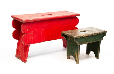 TWO PAINTED COUNTRY BENCHES.