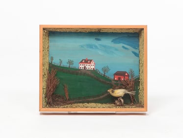 SHADOW BOX FRAME WITH FARM AND BIRD.