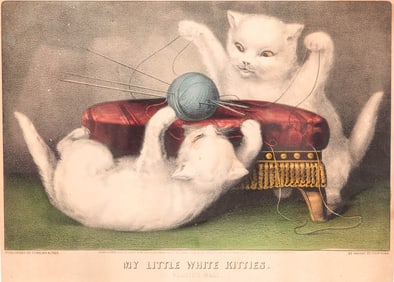 CURRIER AND IVES PRINT, "MY LITTLE WHITE KITTIES".