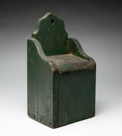 GREEN PAINTED PINE HANGING SALT BOX.