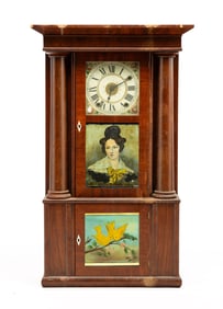 EMPIRE SHELF OR MANTLE CLOCK WITH PORTRAIT OF A WOMAN.