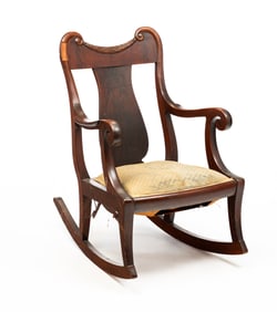 ROCKING CHAIR AND TWO NEEDLEPOINT STOOLS.