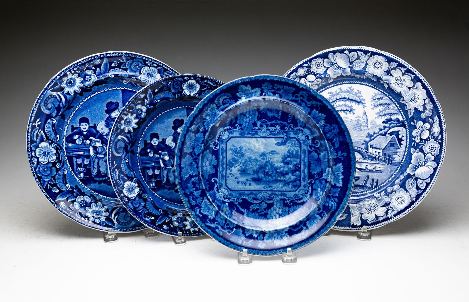 FOUR STAFFORDSHIRE HISTORICAL BLUE PLATES. (1 of 7)
