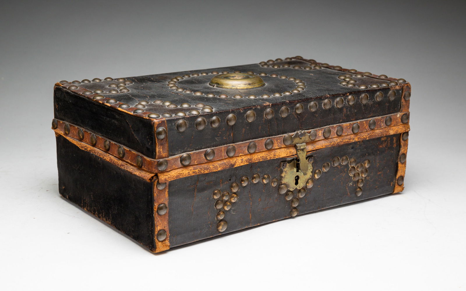 LEATHER COVERED BOX WITH BRASS TACK TRIM. (1 of 4)