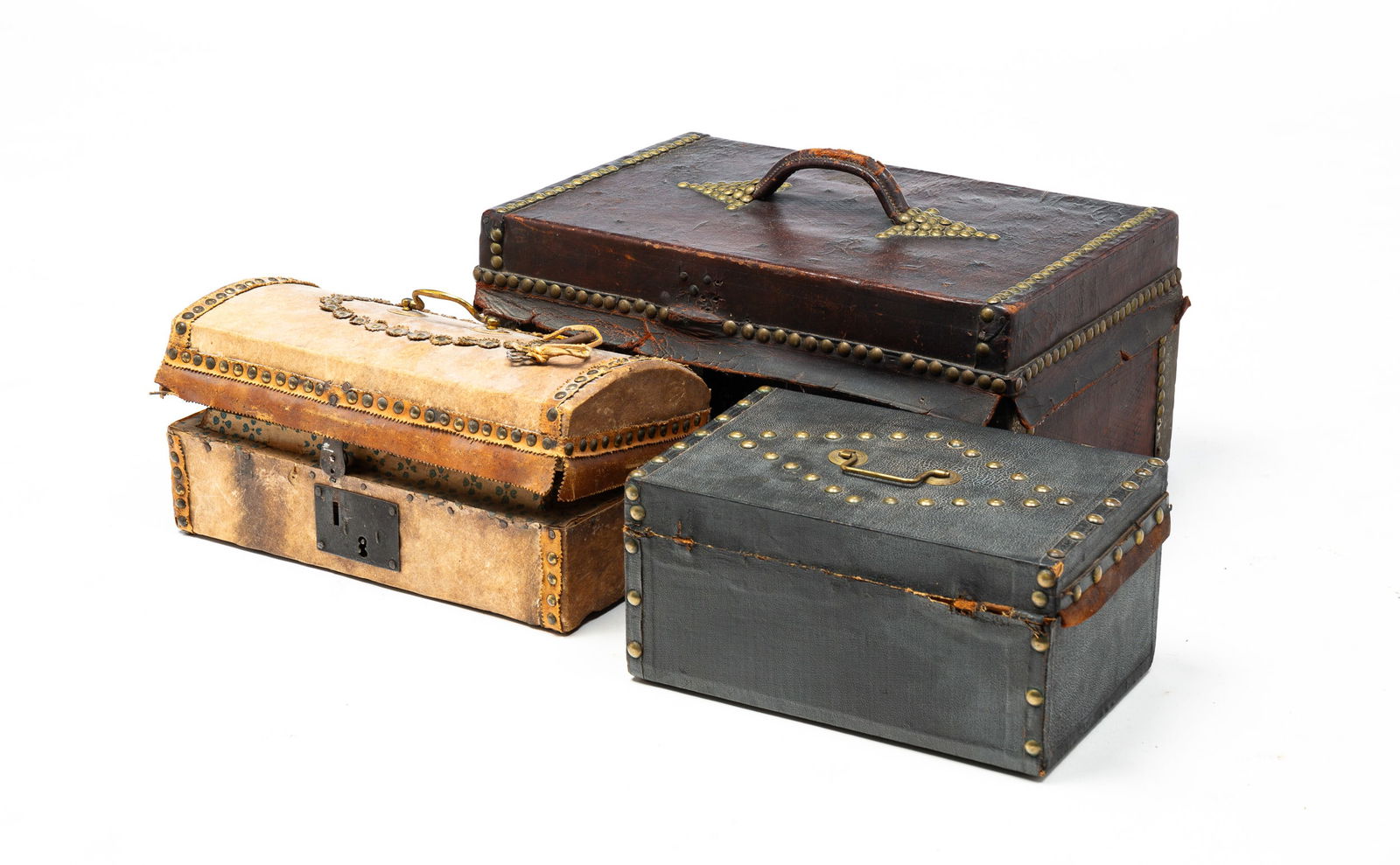 THREE DOCUMENT BOXES WITH BRASS TACK TRIM. (1 of 6)