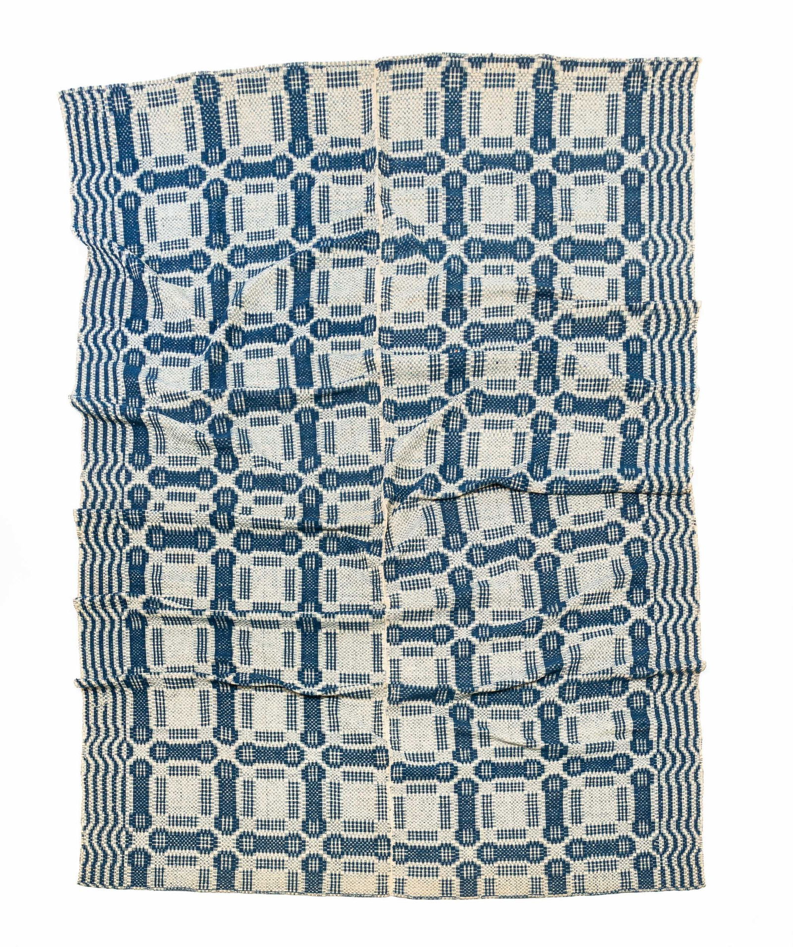 BLUE AND WHITE OVERSHOT COVERLET. (1 of 3)