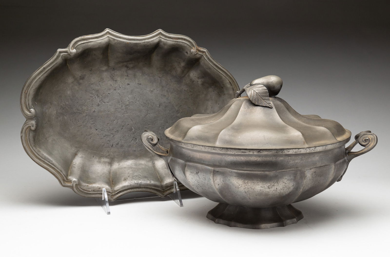 PEWTER TUREEN AND PLATTER. (1 of 8)