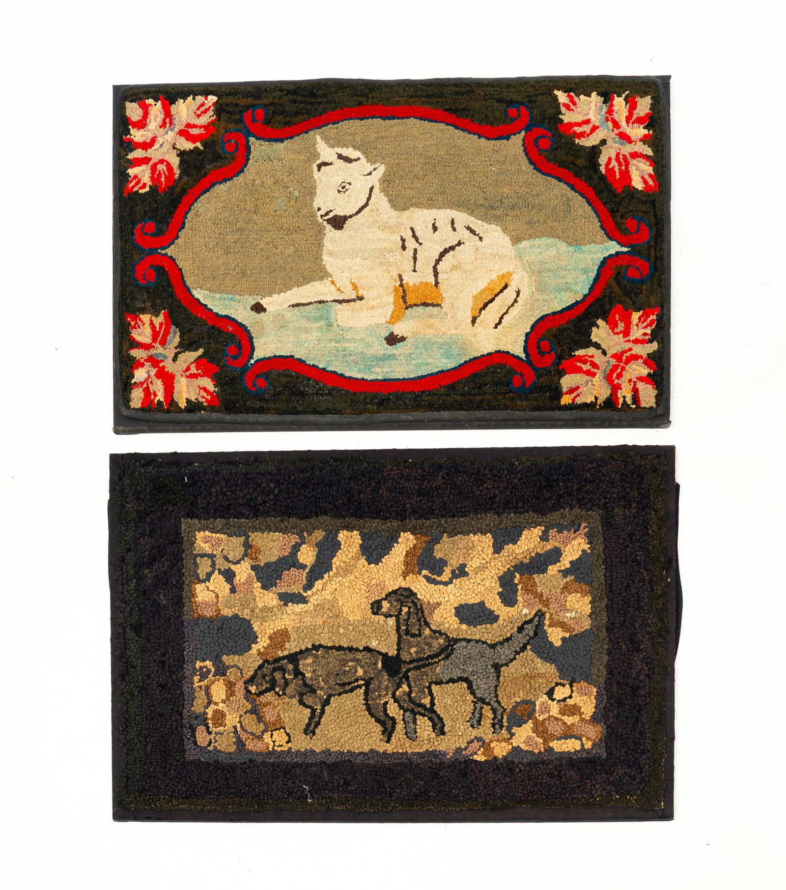 TWO MOUNTED HOOKED RUGS. (1 of 4)