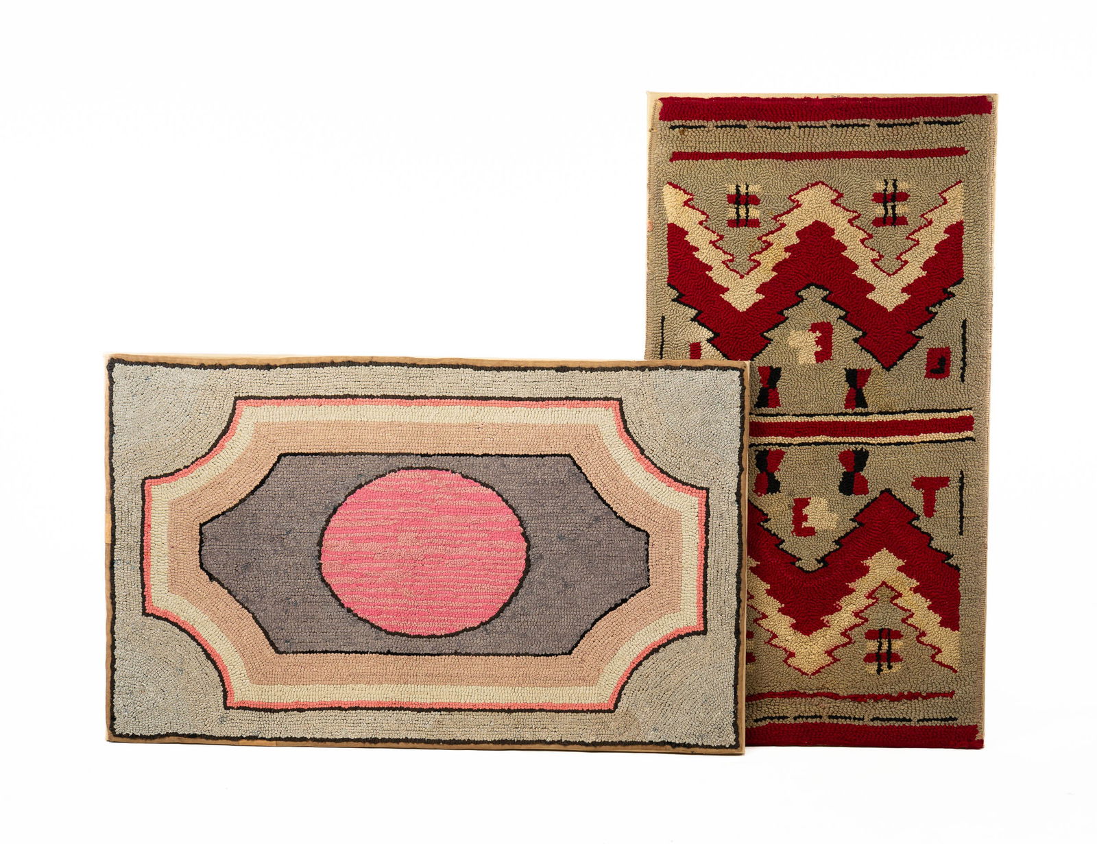 TWO MOUNTED HOOKED RUGS. (1 of 4)