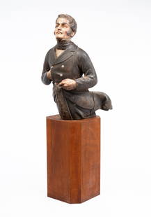 JO MEAD DESIGNS CONTEMPORARY SHIP'S FIGUREHEAD.: American, late 20th Century. Resin. Cast in a mold of an original, gentleman with sideburns in a double-breasted jacket suggesting that he was the owner or captain. 36"h. On a square mahogany plinth w
