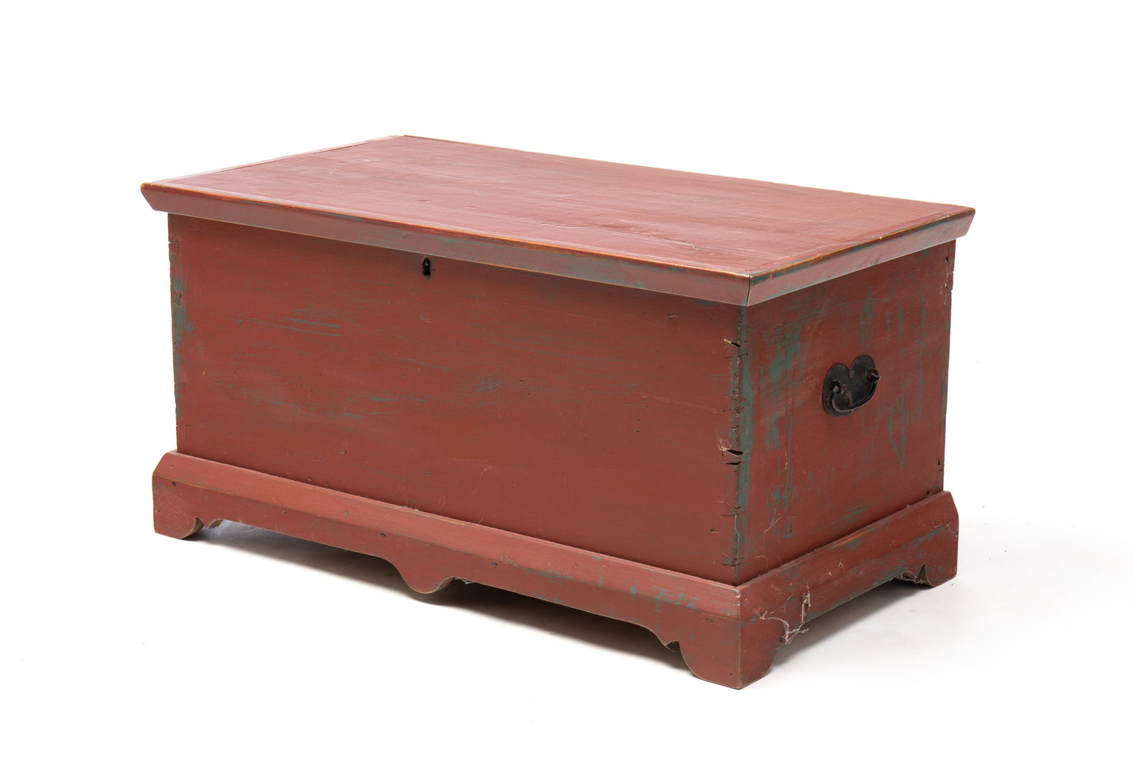 DIMINUTIVE BLANKET CHEST.: American, mid 19th Century. Poplar. Lid with applied edge moldings, dovetailed case and bracket feet. Interior till, iron hardware and red repaint. Pieced repair to back, replaced bracket feet and add