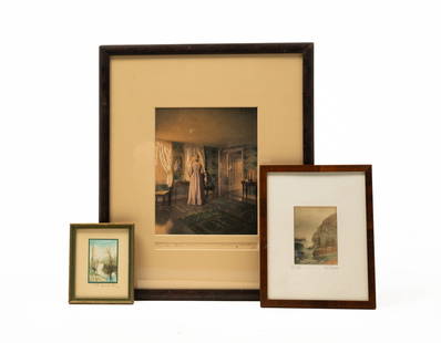 THREE FRAMED PIECES.: American, first-quarter 20th Century. Two Wallace Nutting pieces, "In the Old Parlor", 18.25"h. 15.25"w. And untitled signed landscape, 5.5"h. 4.5"w. Fred Thompson hand colored photograph "White Head"