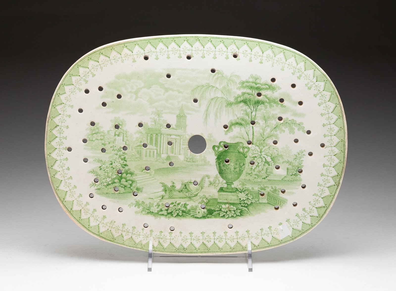 MAYER "CANOVA" PLATTER LINER.: English, third-quarter 19th Century. "Canova" pattern in green transfer. Surface and edge wear, utensil marks. 14.5"w.