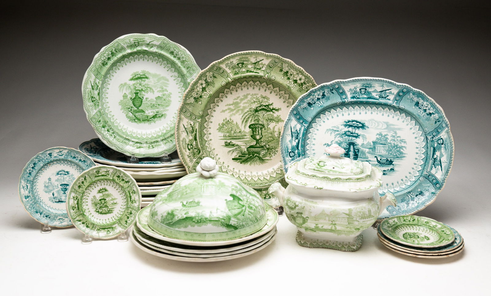 GROUP OF GREEN AND TEAL "CANOVA" TRANSFERWARE. (1 of 7)