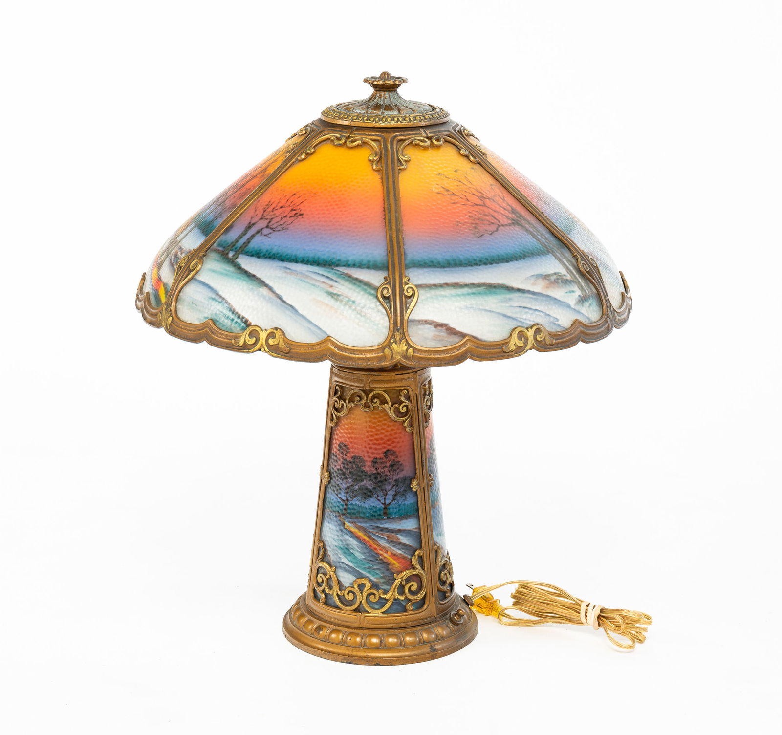 REVERSE PAINTED PANELED GLASS SHADE AND BASE. (1 of 8)