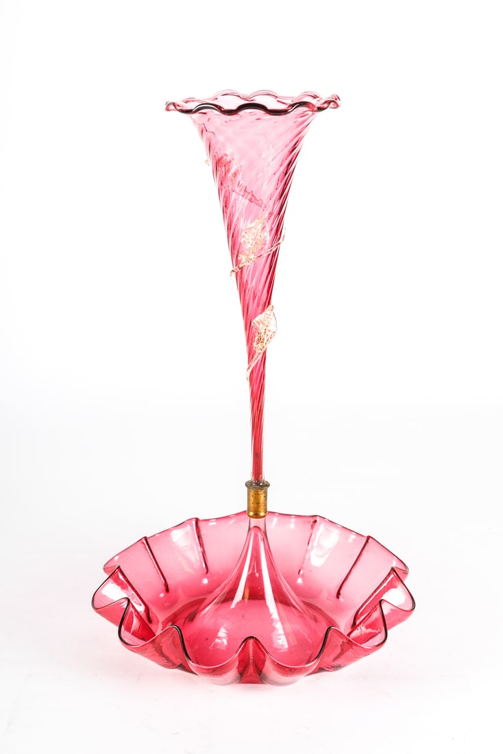 VICTORIAN ART GLASS EPERGNE.: Continental, early 20th Century. Cranberry with twisted trumpet vase and ruffled base. 18"h.
