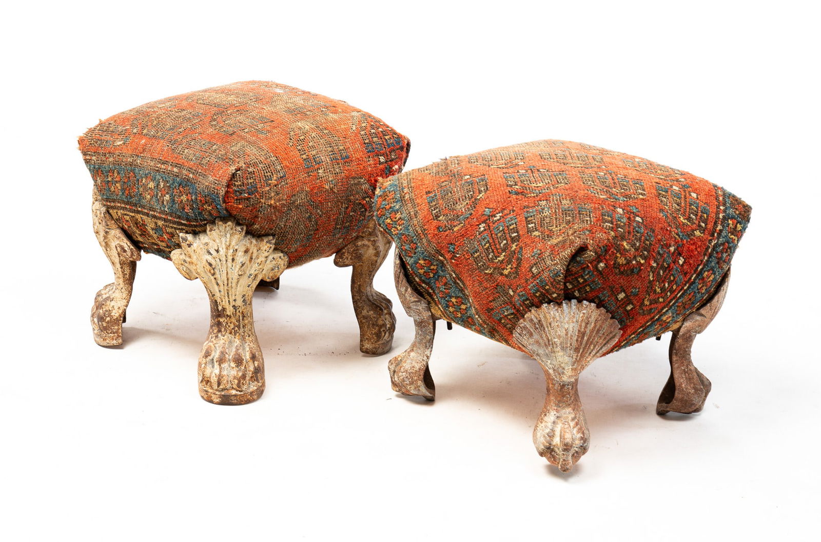 TWO FOOTSTOOLS WITH CAST IRON LEGS. (1 of 4)