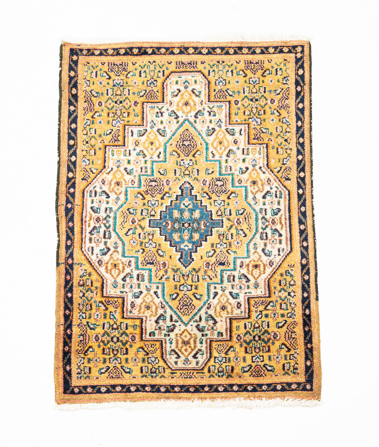 HAMADAN AREA RUG.: Iranian, second-half 20th Century. Wool. Beige field with blue center medallion and blue floral border. Fringe to both ends. Edge wear and loss. 2'4"w. 3'7"l.