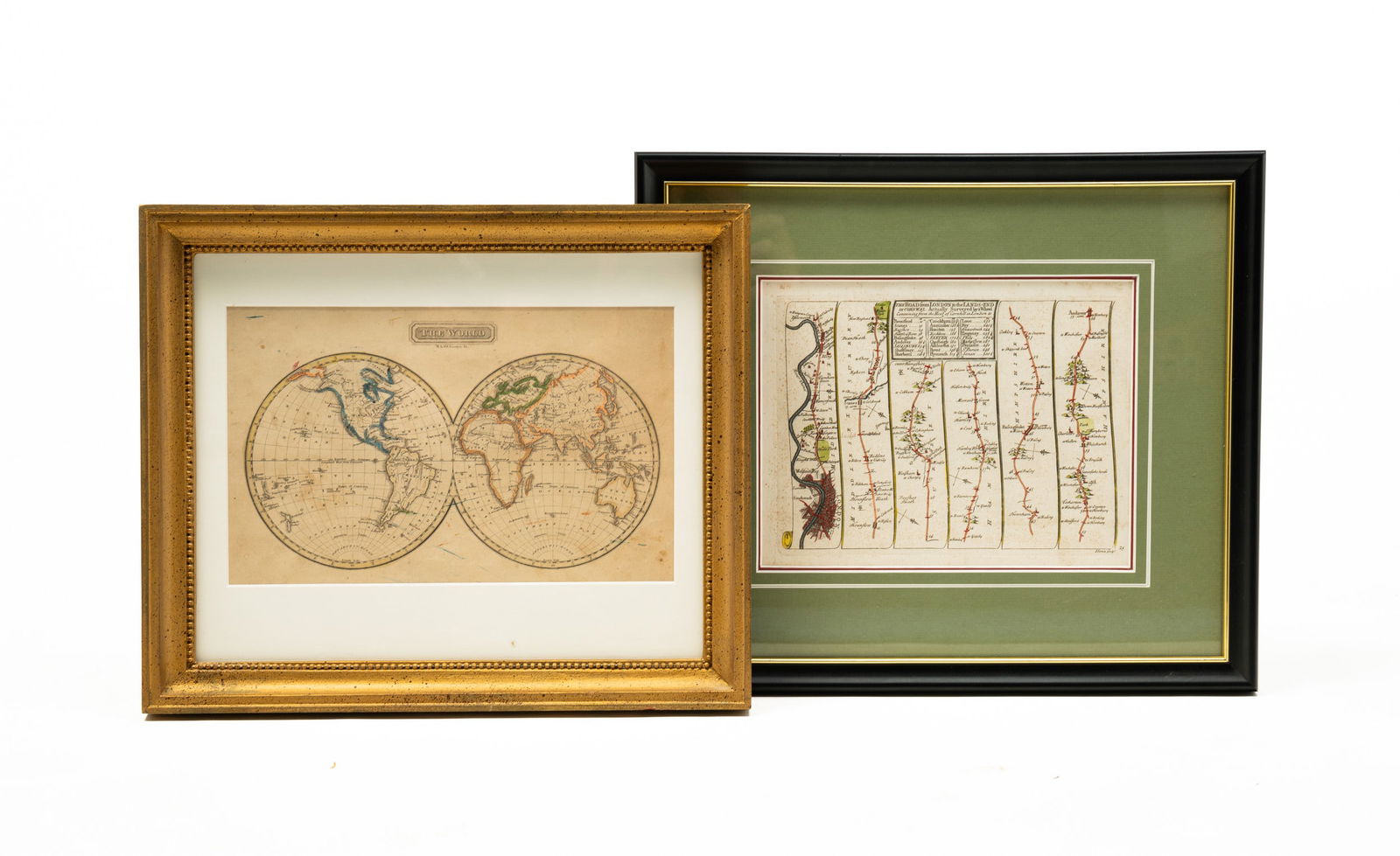 TWO FRAMED MAPS.: English and European. Engraved and hand colored. The World map, 1825 from Guthries Geography. Toning and marks. 11.75"h. 14"w. Map of the Road from London to Corneal by John Senex. Staining and discol