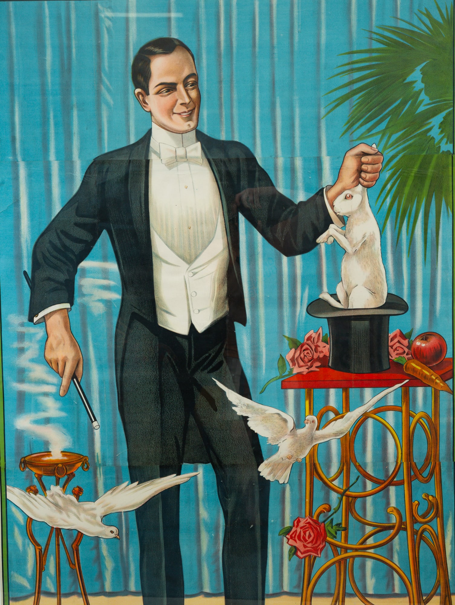 THE GREAT MEAD COMPANY POSTER.: American, first quarter 20th Century, chromolithograph on paper. By the Donaldson Art Sign Co., Newport, Kentucky. Brightly colored magician pulling a rabbit out of the hat. Framed 84" h. 45.25"w.