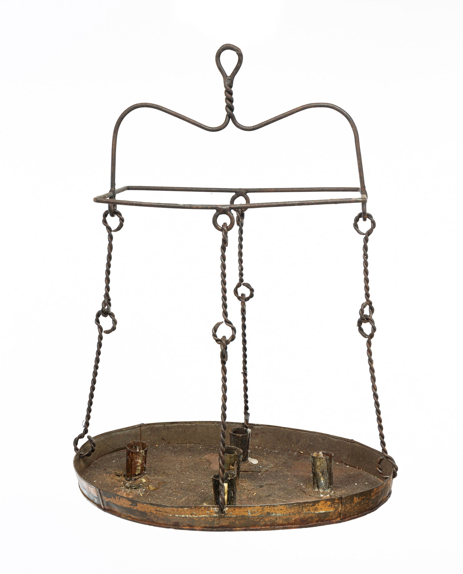 FIVE-SOCKET TIN AND IRON HANGING CANDLE CHANDELIER. (1 of 2)