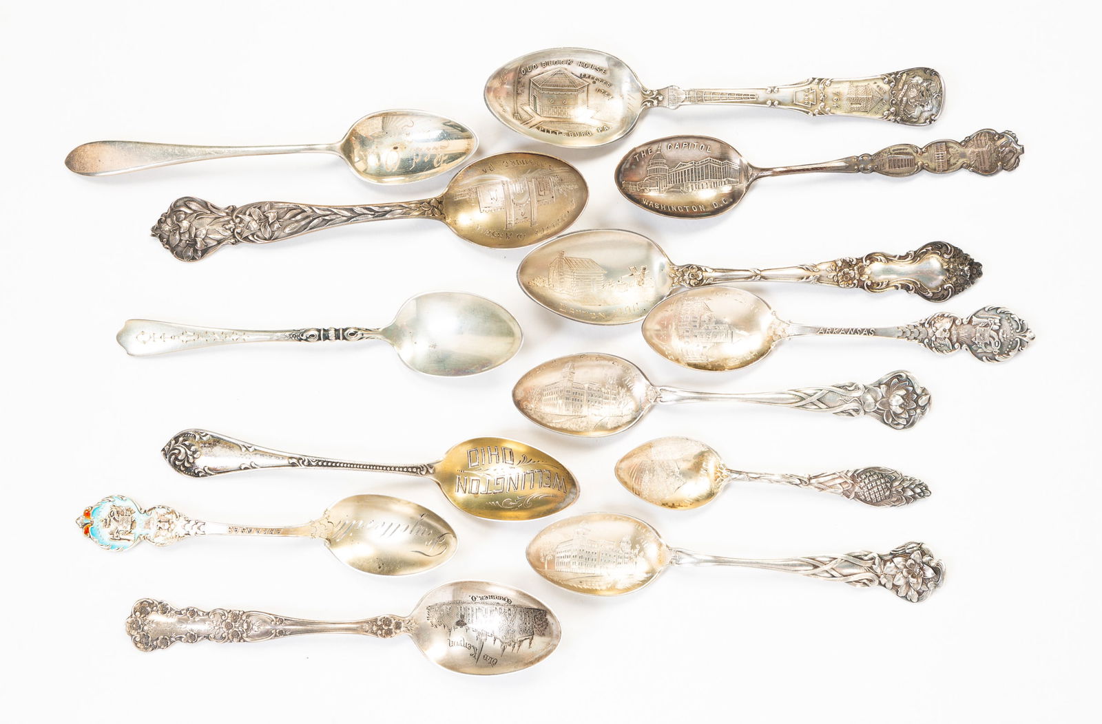 THIRTEEN STERLING SOUVENIR SPOONS. (1 of 5)