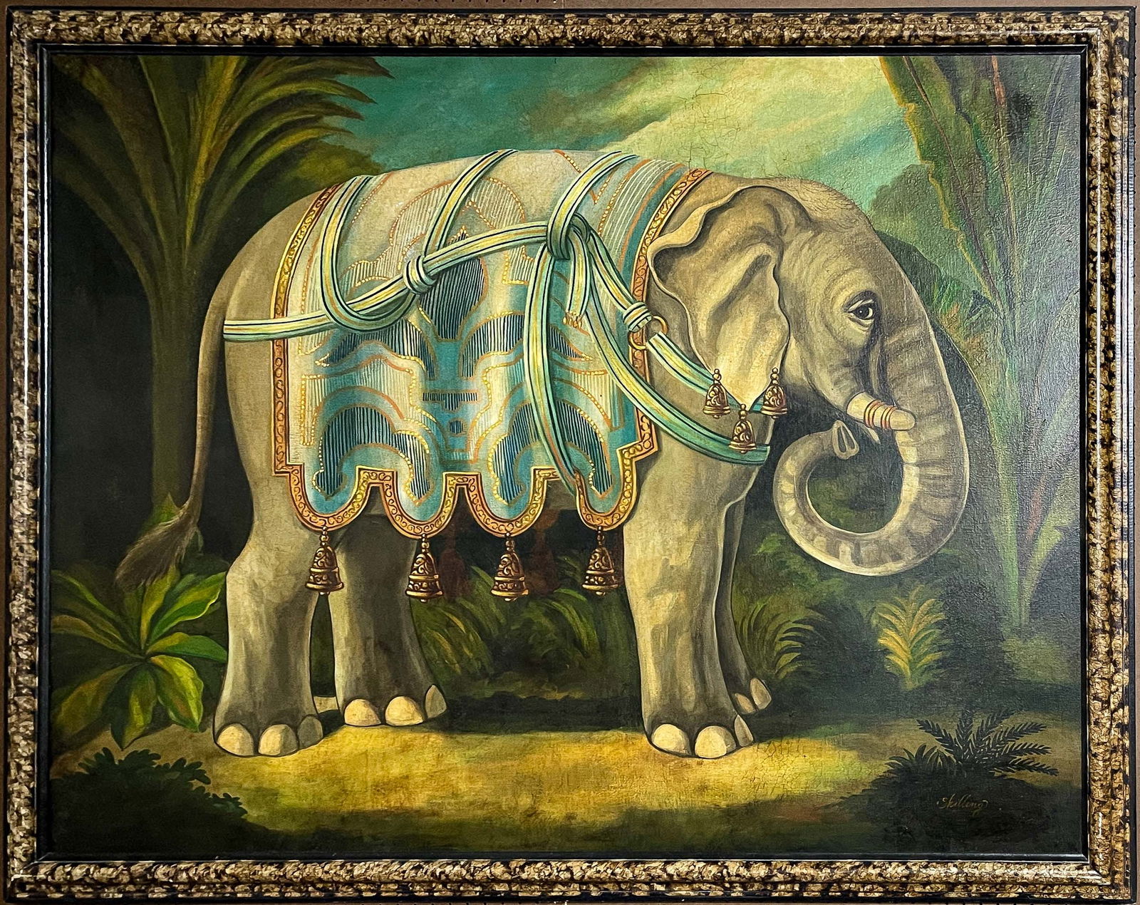 WILLIAM SKILLING (1862-1964) "IMPRESSIVE PORTRAIT OF AN ELEPHANT".: British-American, 20th Century. Oil on canvas. Side view of an Asian elephant in patterned gold trimmed robe and sashes with bells on fringe. Jungle background. Signed lower right. 48"h. 60"w. Framed,