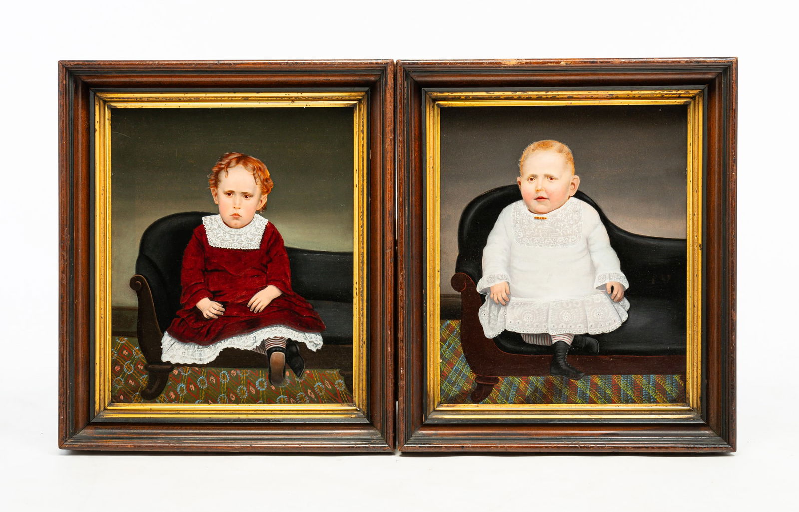 TWO PORTRAITS OF CHILDREN.: American, second-half 19th Century. Two photographs over-painted in oils. An infant in white dress and a youth in red dress with lace collar and petticoat. Cleaned and revarnished. 16.75"h. 14"w. In m