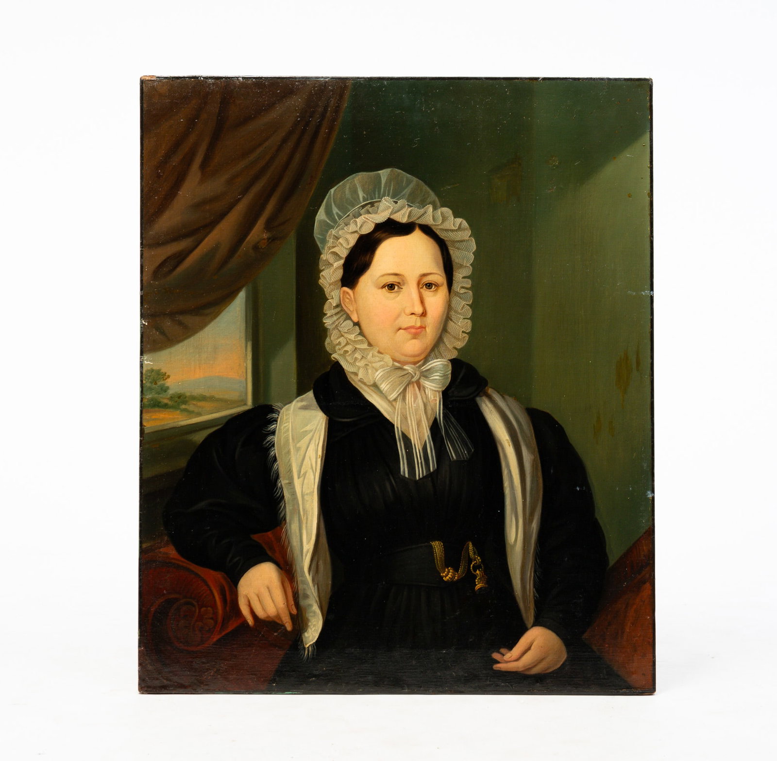 UNKNOWN ARTIST "PORTRAIT OF A LADY".: American, second-quarter 19th Century, oil on canvas. She wears a black chess with puffy sleeves, lace bonnet, fringed shawl and watch fob at her breast. Relined, cleaned and revarnished. Unframed, 36