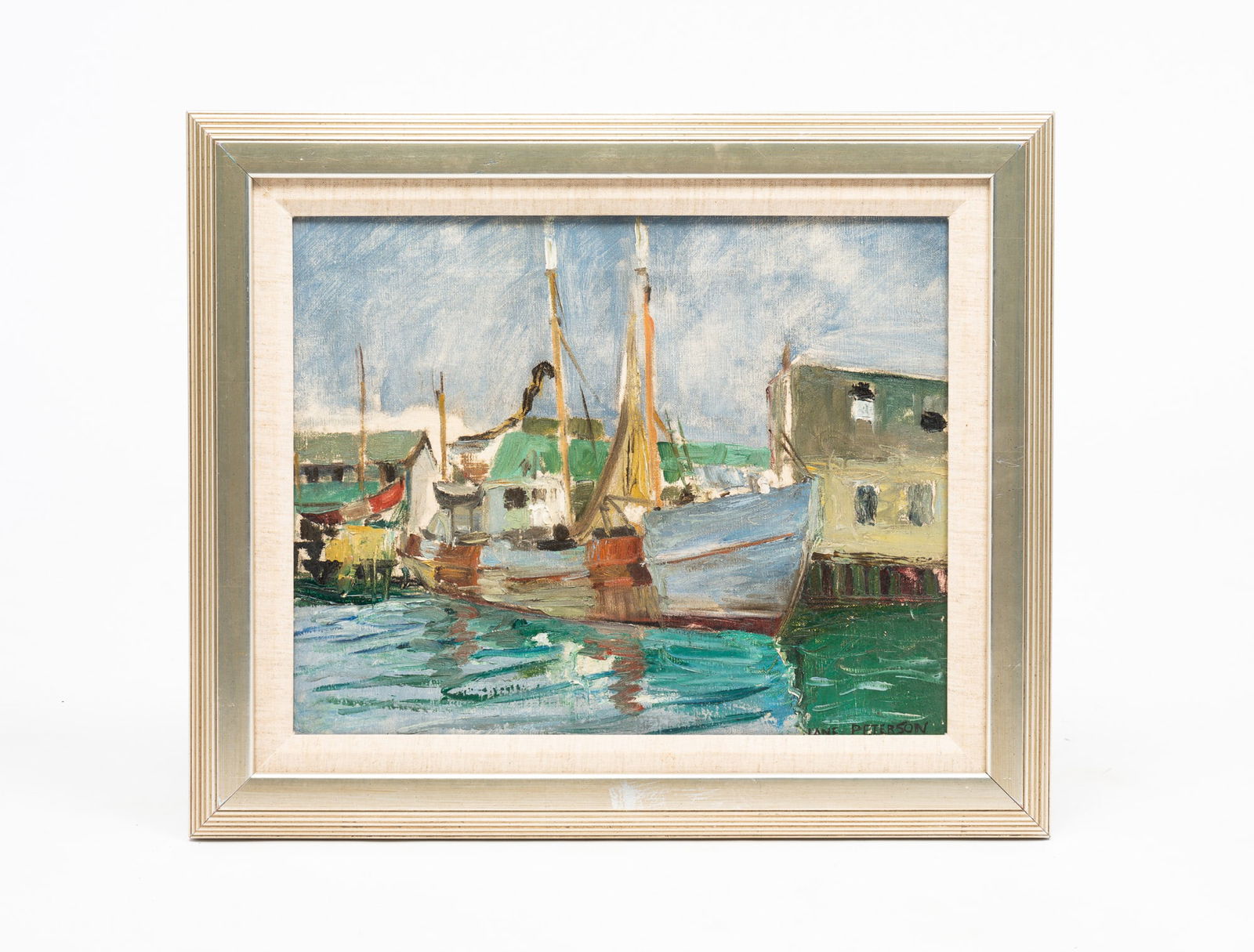 AFTER JENNIE CHRISTINE (JANE) PETERSON (1876-1965) "BOAT IN HARBOR".: American, first-half 20th Century. Oil on canvas. A loose rendering of a boat in a harbor, signed "Jane Peterson" lower right (**we do not represent this painting as being by Jennie Peterson). Exhibit