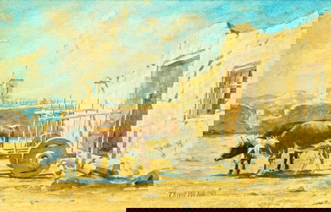 THADDEUS WELCH (1844-1919) "SOUTHWESTERN PAINTING".: American (California or Indiana), 1890. Watercolor on paper. A pair of oxen hitched to a wagon in front of an adobe house, Signed and dated lower left. 5"h. 8.5"w. Framed, 13.75"h. 16.75"w.