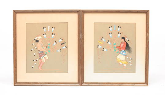 TWO PRINTS BY HARRISON BEGAY (1917-2012).: American (Navajo), 20th and 21st Century. Serigraph. Navajo feather dancers. Both are sight, 10"w. 12"h. Framed, 16"w. 18"h.