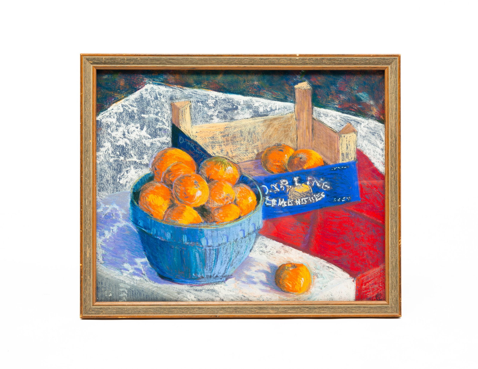 "STILL LIFE" SIGNED C.P.L.(?).: American, second-half 20th Century. Pastel on paper. Orange in a crate, blue bow on a table. 20.75"h. 25.25"w. Framed.