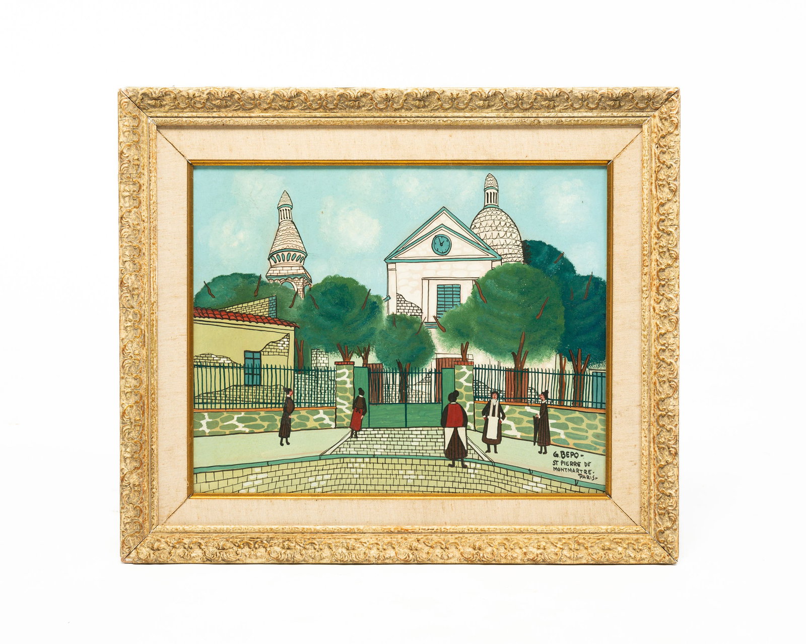 "ST. PIERRE DE MONTMARTRE, PARIS" SIGNED G. BEPO.: French, mid 20th Century. Oil on board. Aproned nuns strolling in front of the church. Signed lower right. 16"h. 19.75"w. Framed, 22.25"h. 26.25"w.