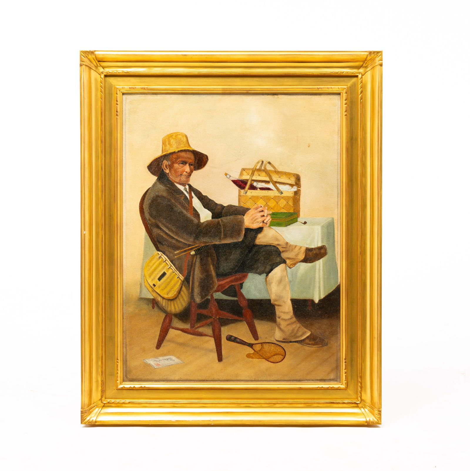 UNKNOWN ARTIST "PORTRAIT OF GENTLEMAN FLY FISHER".: American, circa 1900. Oil on canvas. An older man in fishing attire seated in a bow back Windsor chair, a net at his feet and a newspaper beside him. On a table in the background is his green fly box,